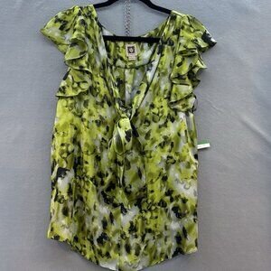 Anne Klein Green Print‎ Ruffled Cap Sleeve With Tie Blouse Size Large NWT